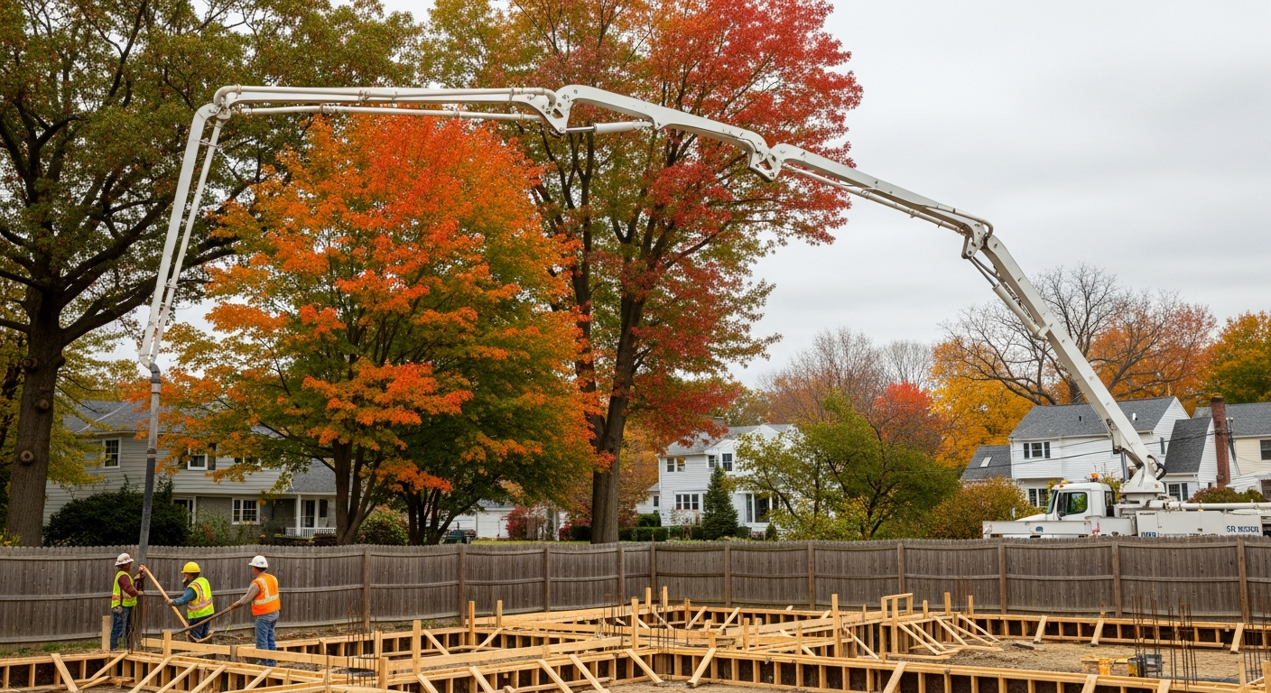 Construction workers operating concrete pump truck at residential building site in autumn