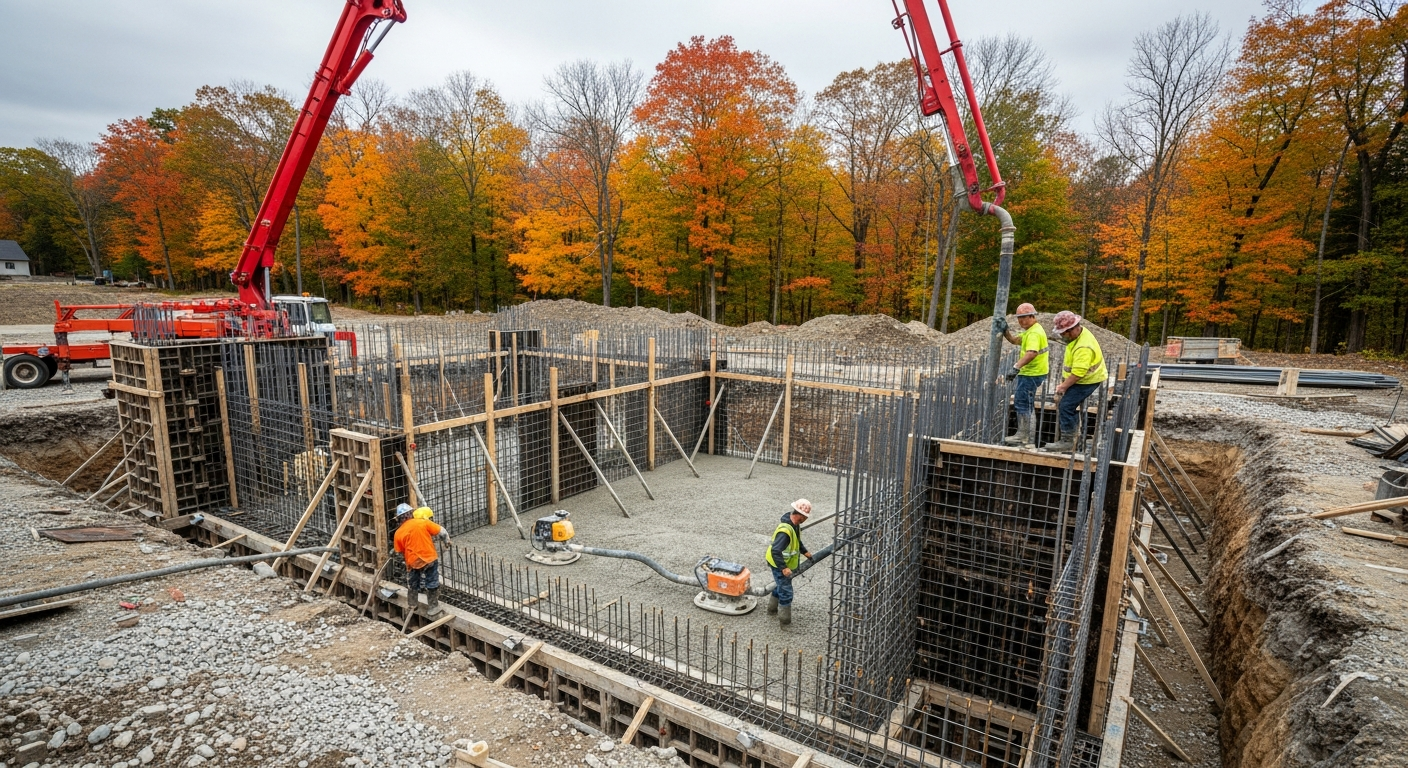 Construction workers finishing concrete foundation with crane and equipment at building site during fall