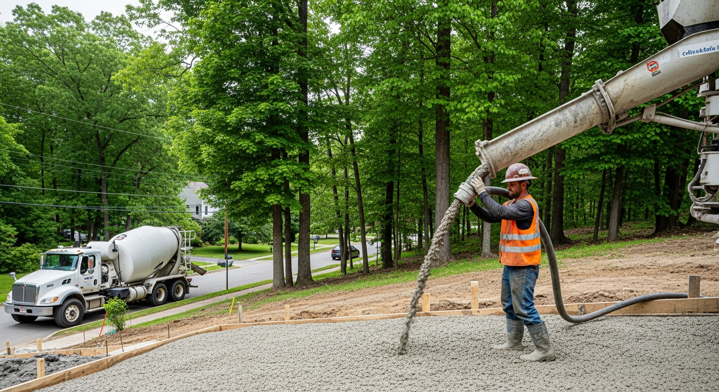 Construction worker operating concrete pump truck for residential foundation work