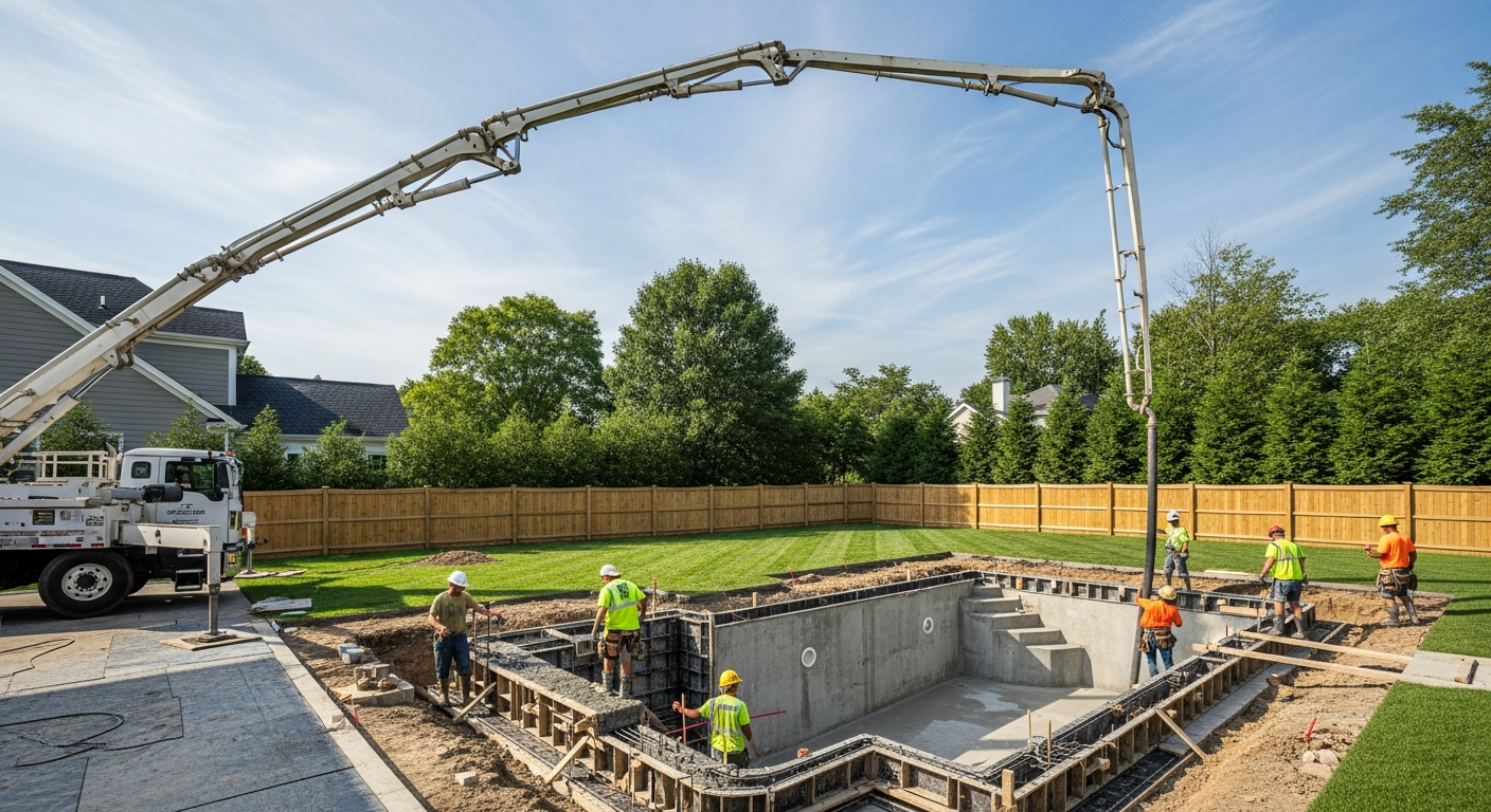 Construction team using concrete pump truck for residential pool installation