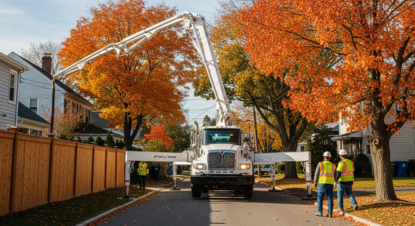 Utility truck with boom lift operating on residential street with orange fall trees and safety workers
