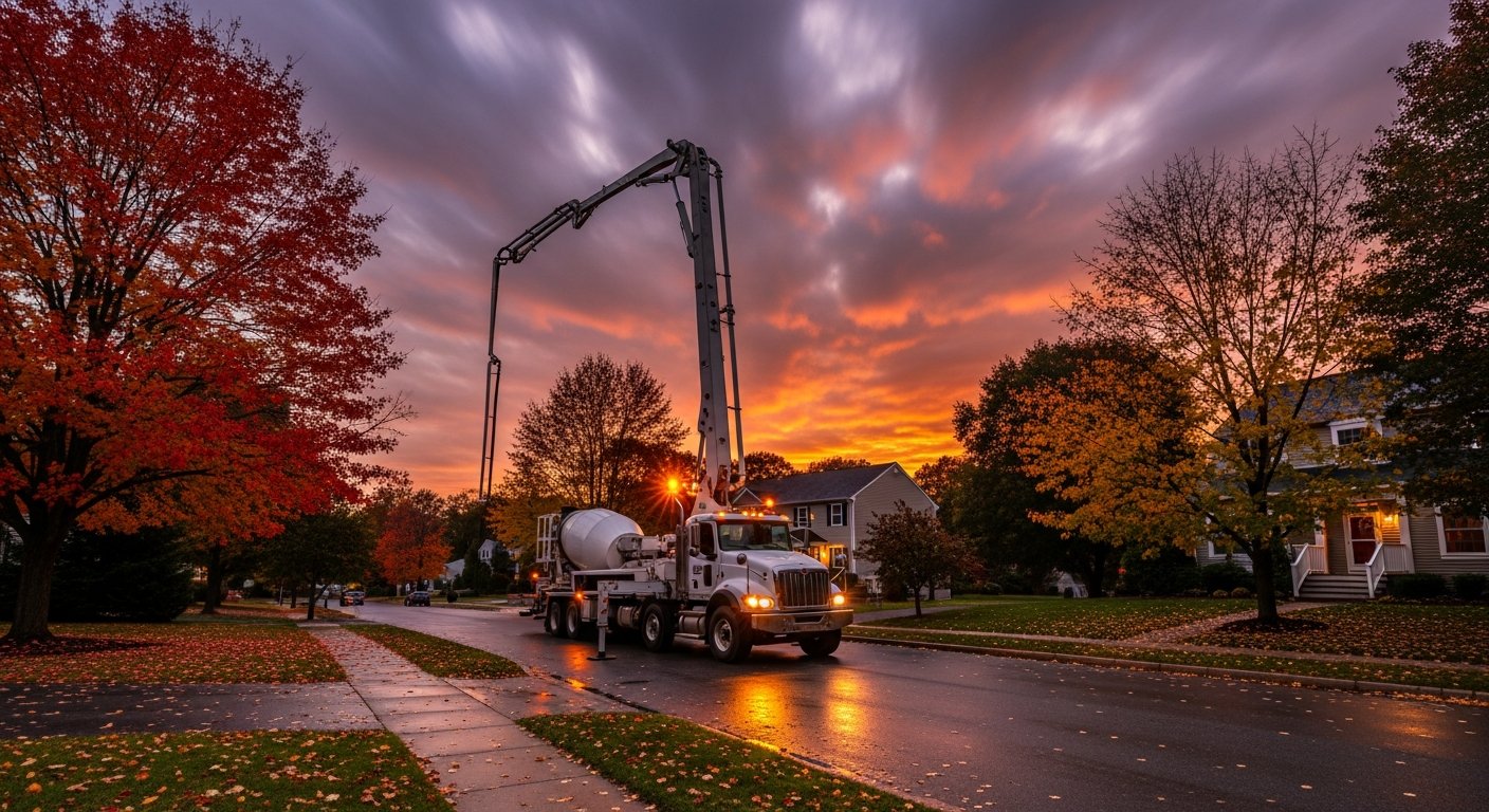 Concrete mixer truck with boom pump on residential street at autumn sunset