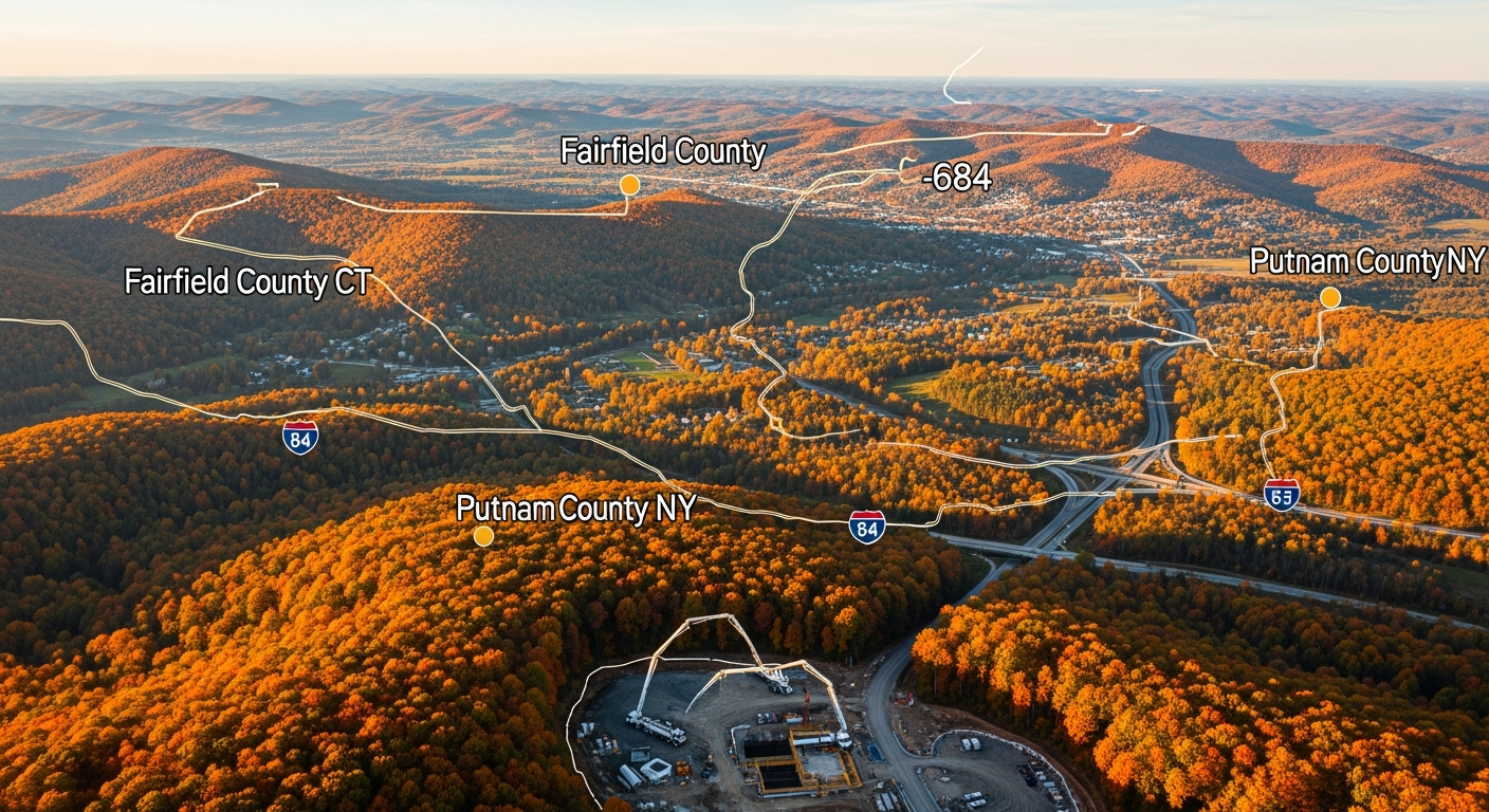 Aerial view of Fairfield County CT and Putnam County NY with autumn foliage and highways