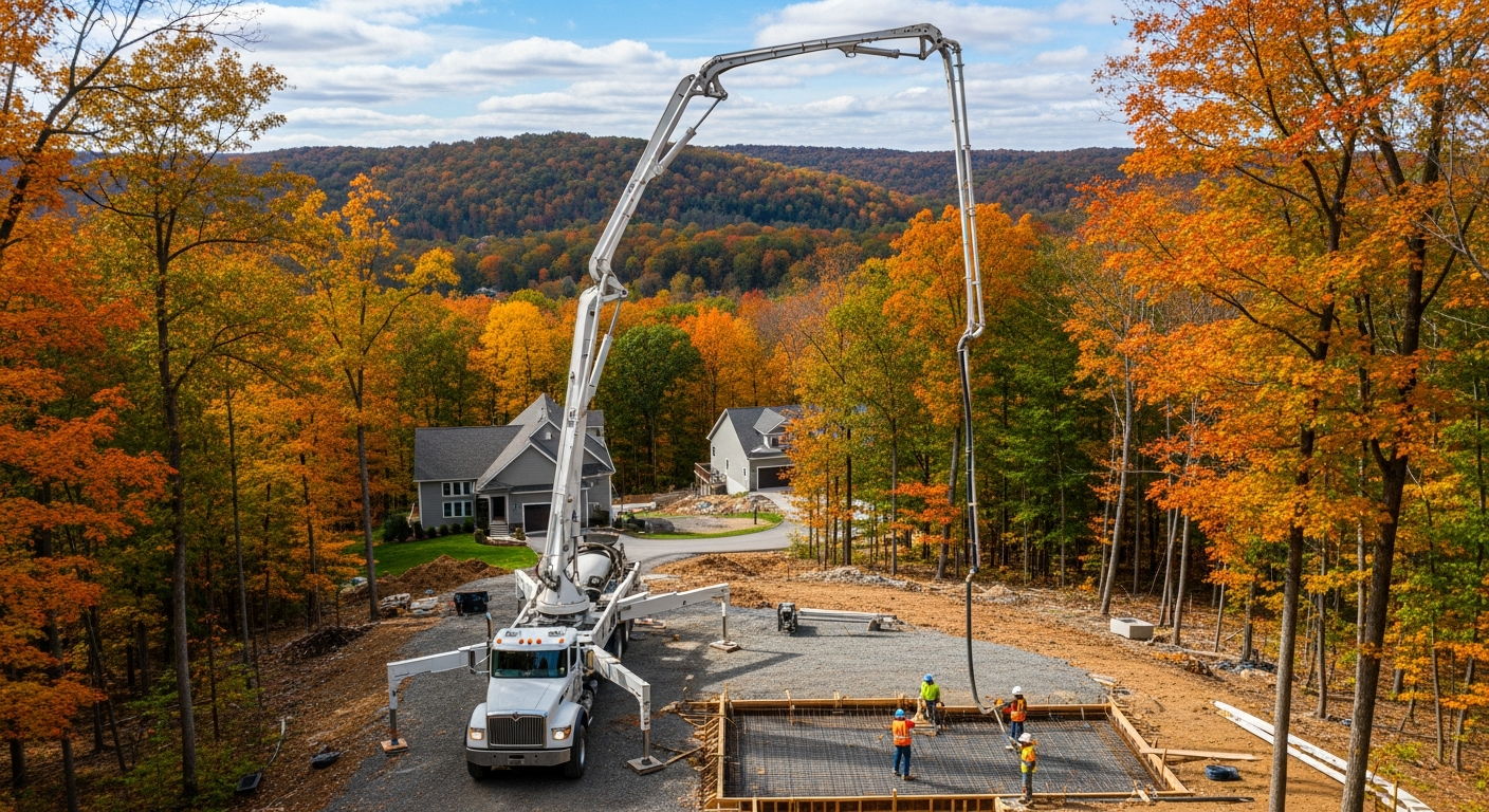 Concrete pump truck pouring foundation at residential construction site in autumn forest landscape