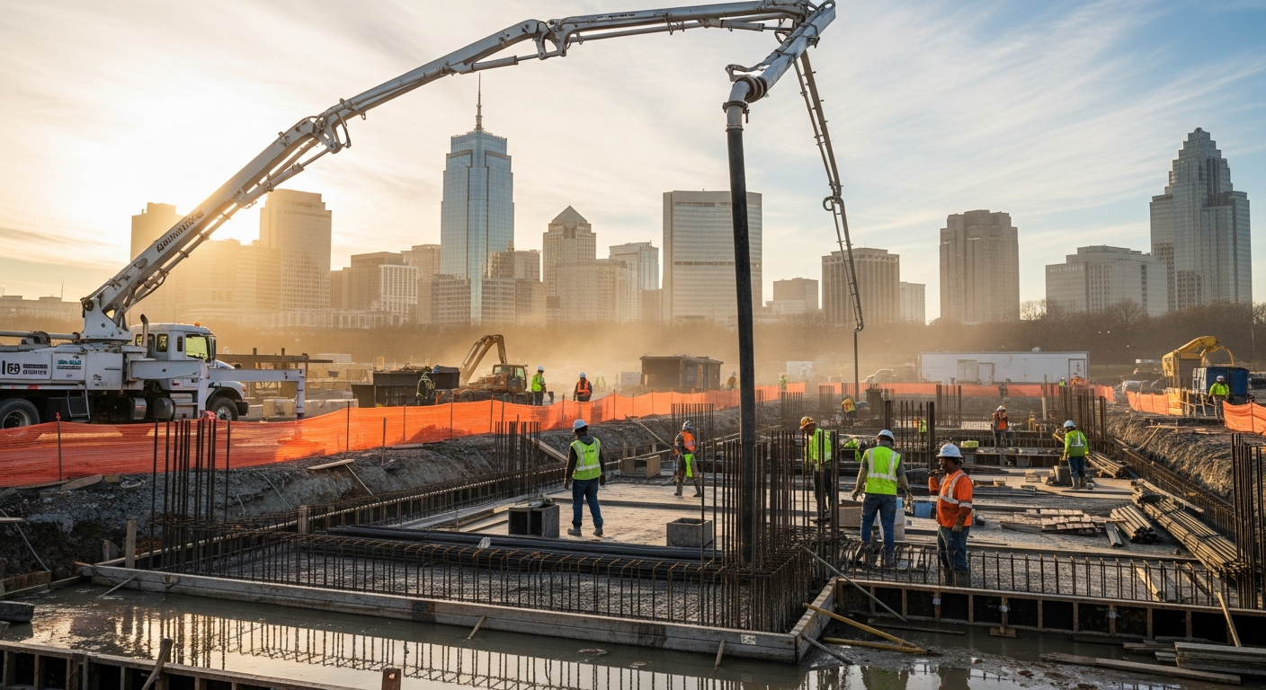 Construction workers pour concrete on urban job site with city skyline at sunrise