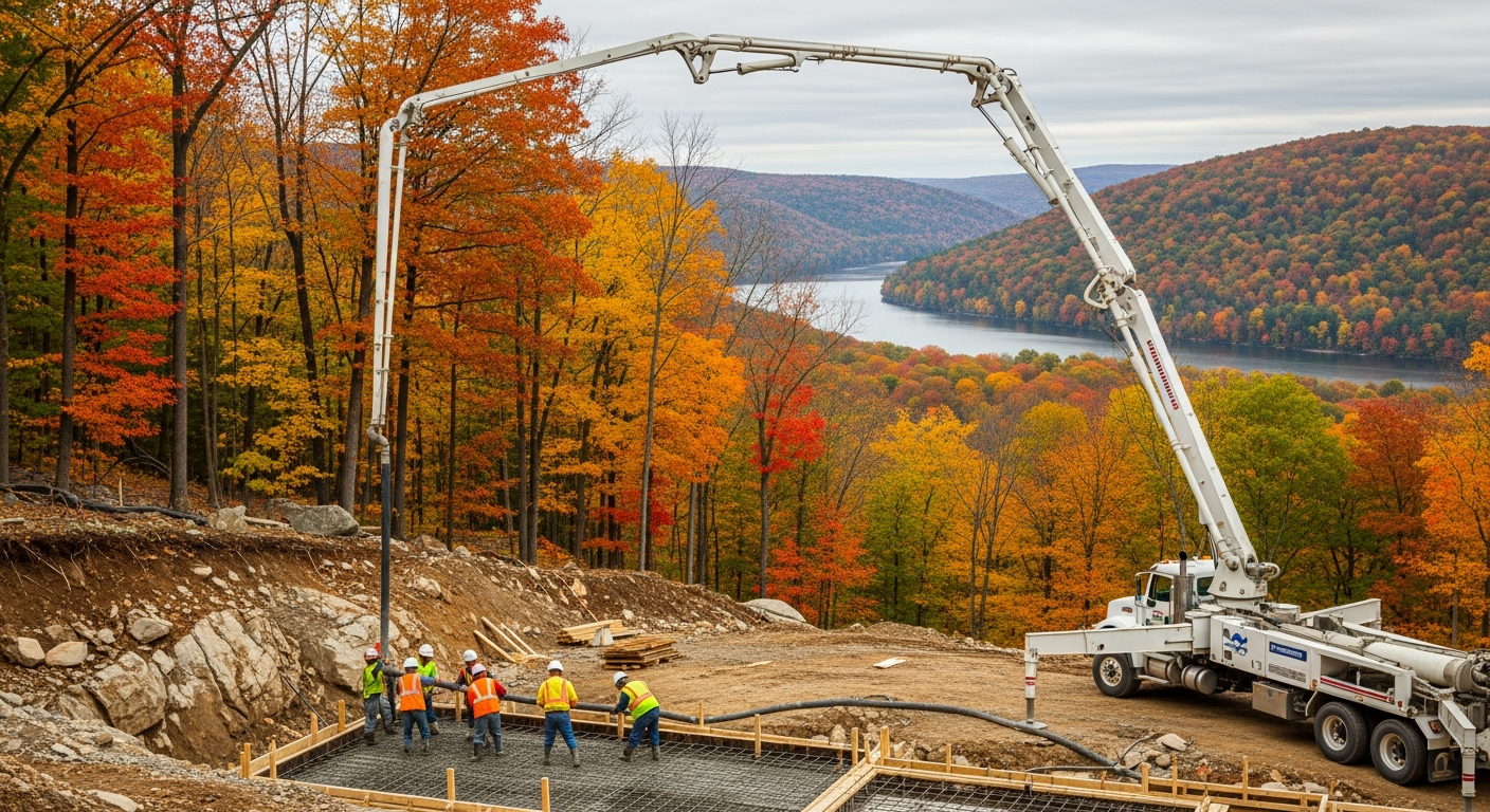 Construction workers guide concrete pump truck on hillside with autumn forest and lake backdrop