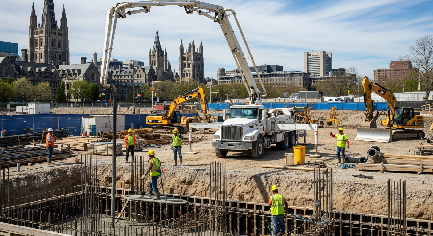 Construction site with workers and machinery near historic cathedral in urban waterfront area