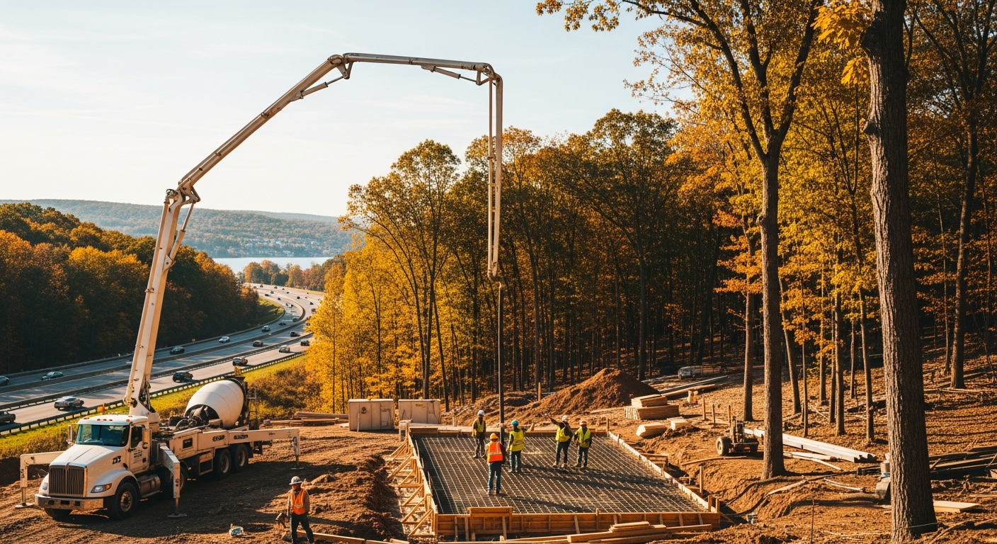 Construction crew pouring concrete foundation with pump truck on forest hillside overlooking highway