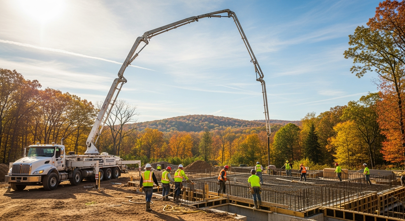 Construction crew operating concrete pump truck at building site with autumn forest backdrop