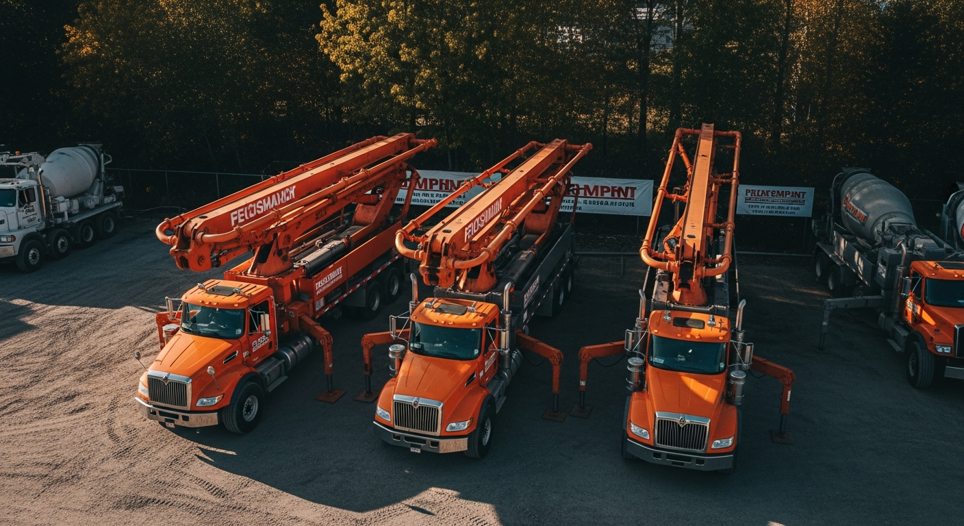 Fleet of orange Putzmeister concrete pump trucks parked at industrial facility