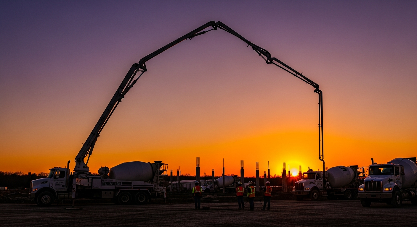 Concrete pump truck spraying concrete at construction site during sunset with workers