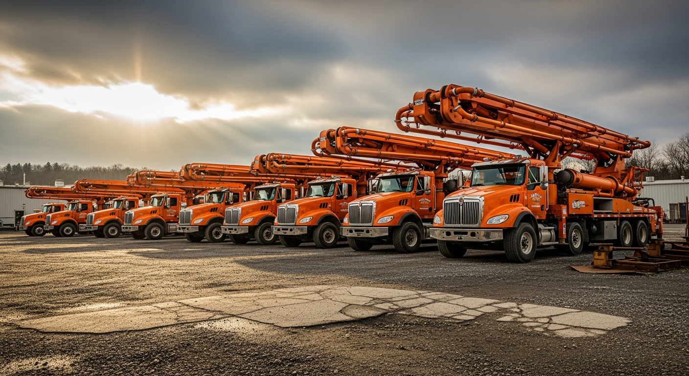 Fleet of orange concrete pump trucks lined up showing various boom heights and models