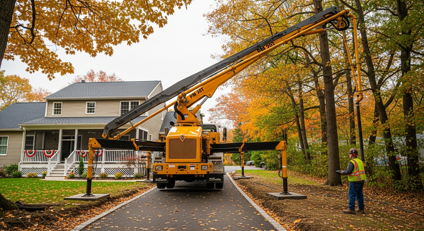 Yellow bucket truck performing utility work at residential driveway in fall