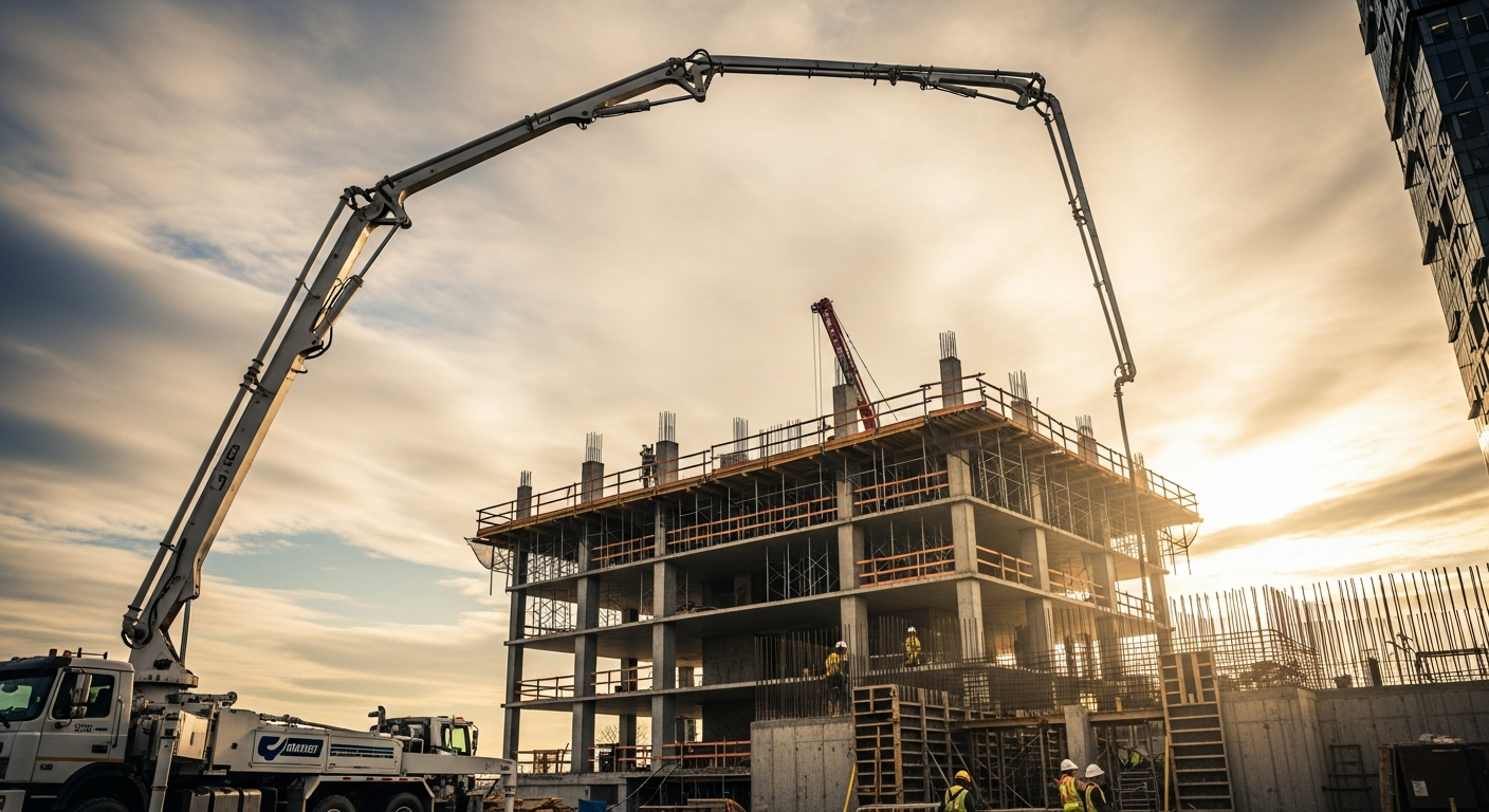 Concrete pump truck pouring concrete on multi-story construction site with workers