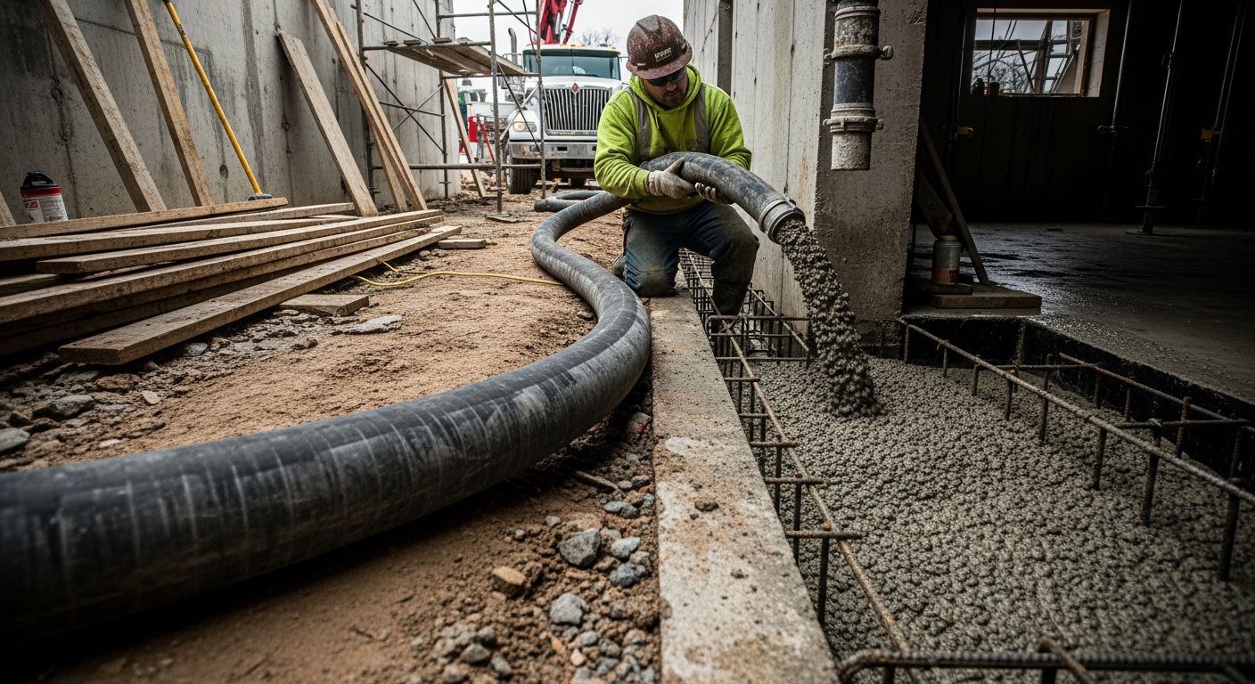 Construction worker in safety gear pouring concrete aggregate during on-site work