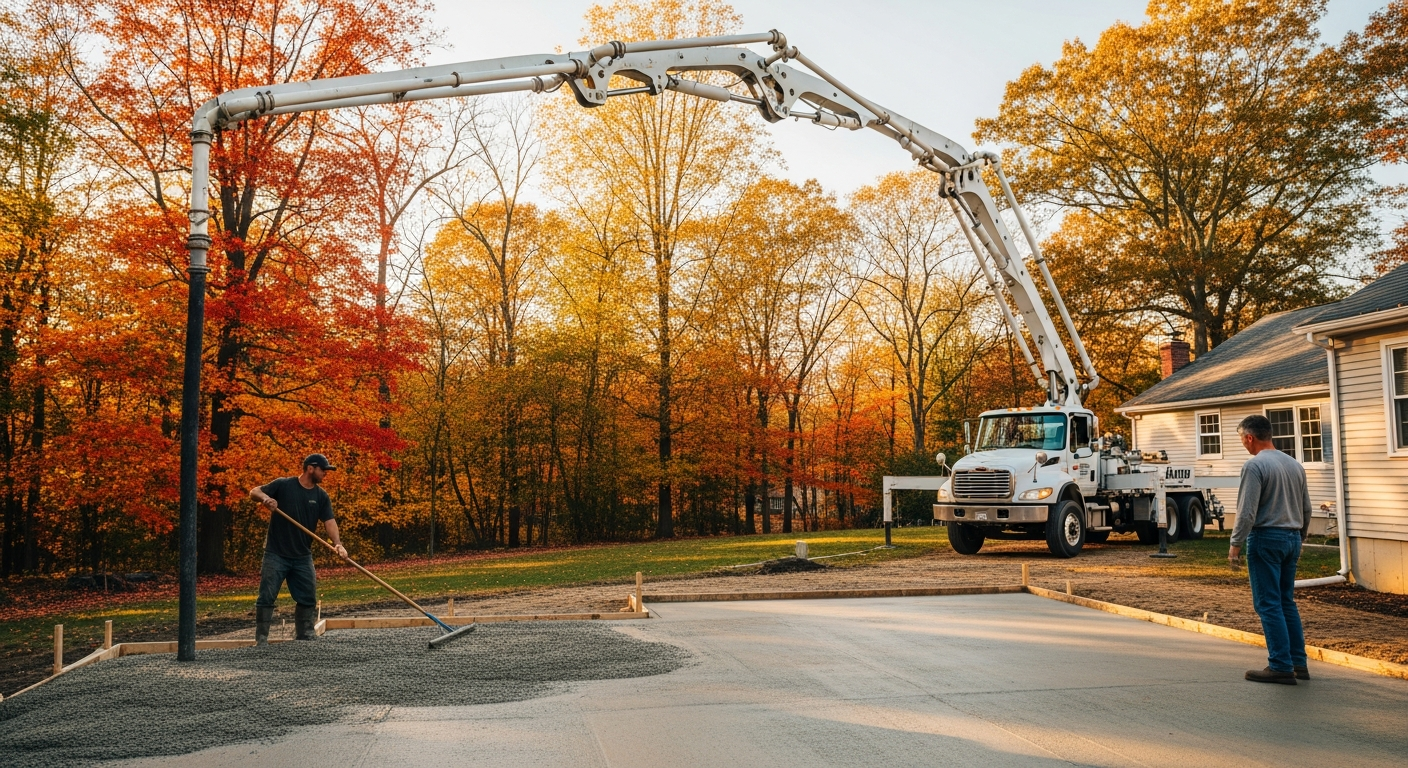Professional concrete contractors installing driveway with pump truck during fall