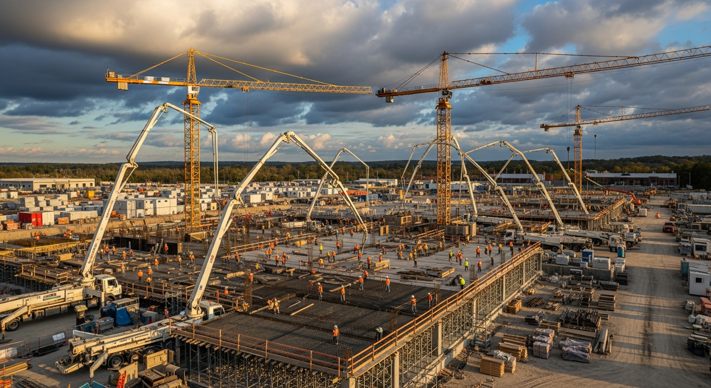 Aerial view of active construction site with tower cranes and workers assembling structural framework